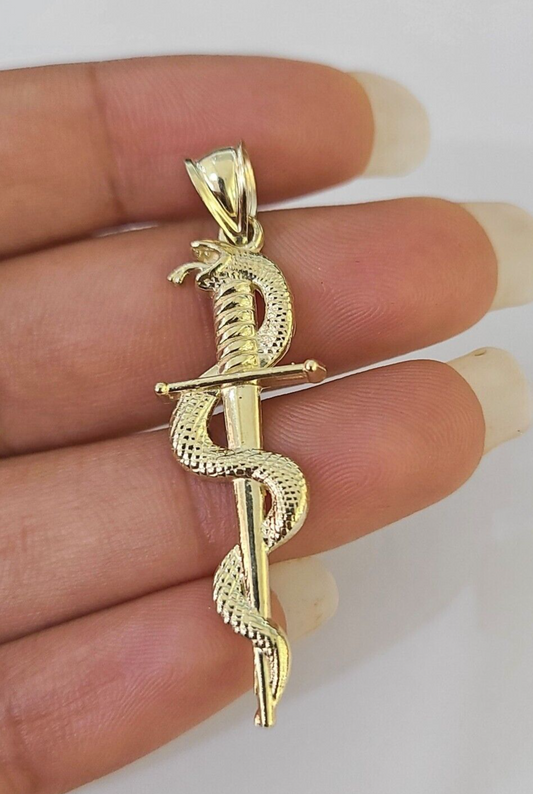 Real 10K Snake Sword Pendant 1.5" Yellow Gold Charm Veterinarian Caduceus