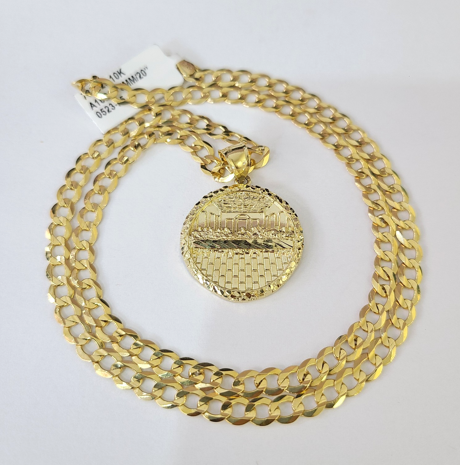 10k Gold Chain Last Supper Nugget Pendant Cuban Curb Link 5mm 18"-28" Inch SET