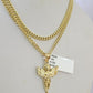 10K Gold Miami Cuban Chain Praying Angel 18"-28" 3mm REAL Pendant Necklace SET