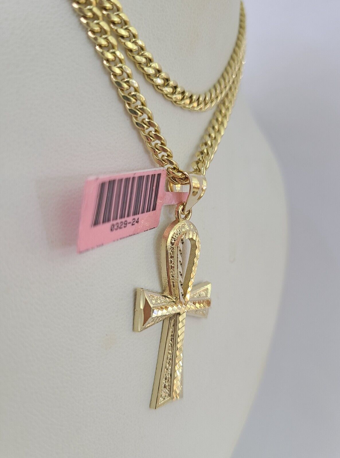 Real 14k Chain Cross Charm Set Miami Cuban Link 4mm Necklace Pendant Yellow Gold