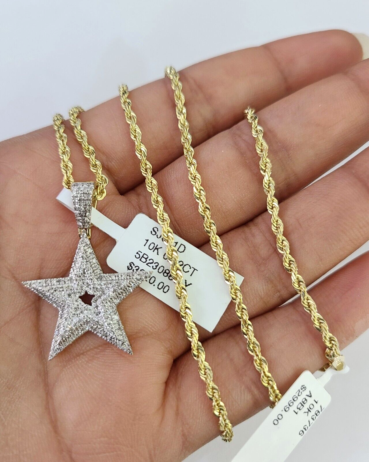 10k Solid Rope Chain 2mm Star Diamond Pendant Charm Necklace SET 18-22 in