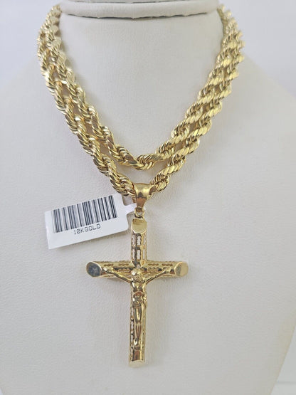 Real 10k Rope Chain Jesus Cross Charm Necklace Pendant Set 5mm 20"-30" Inch Gold