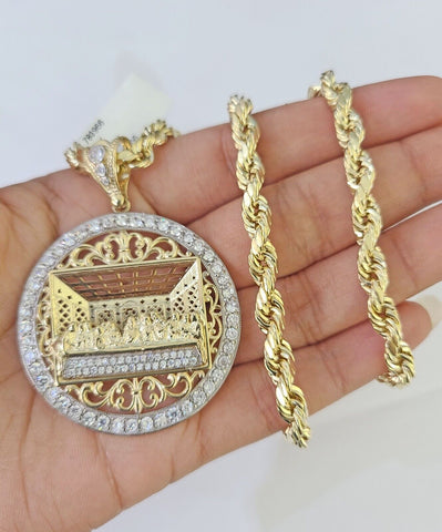 Real 10k Rope Chain Last Supper Charm Set 6mm 18"-26" Inch Necklace Yellow Gold