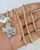 10k Solid Rope Chain 3mm Diamond Texas Map Pendant Charm Necklace SET 18-26 in
