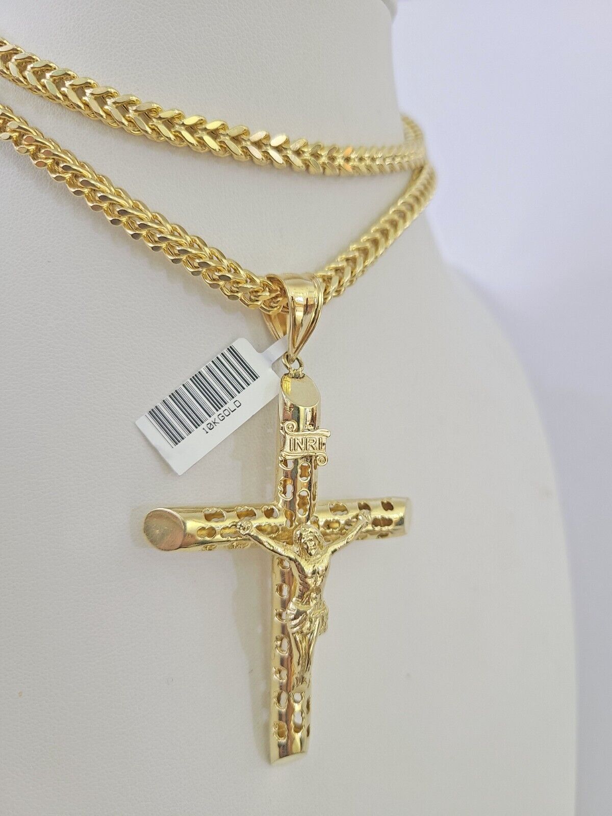 10K Franco Chain INRI Jesus Cross Pendant Charm Necklace 20"-26" 5mm Gold SET