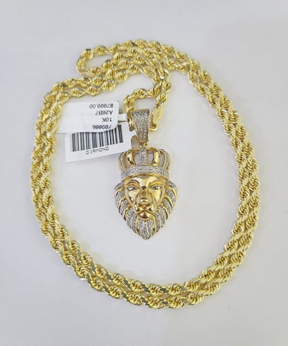 10k Solid Rope Chain Lion Charm Diamond Set 4mm 20"-28" Necklace Gold Yellow