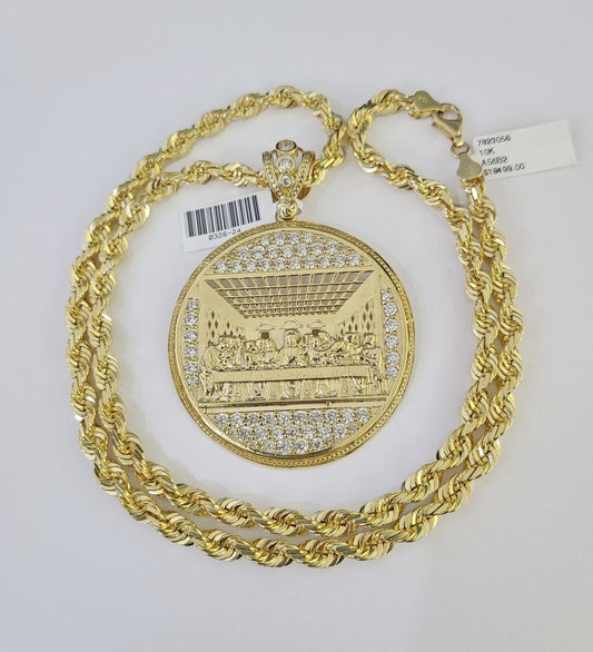 Real 10k Solid Rope Chain Last Supper Charm Set 6mm 20"-30" Inch Necklace Gold