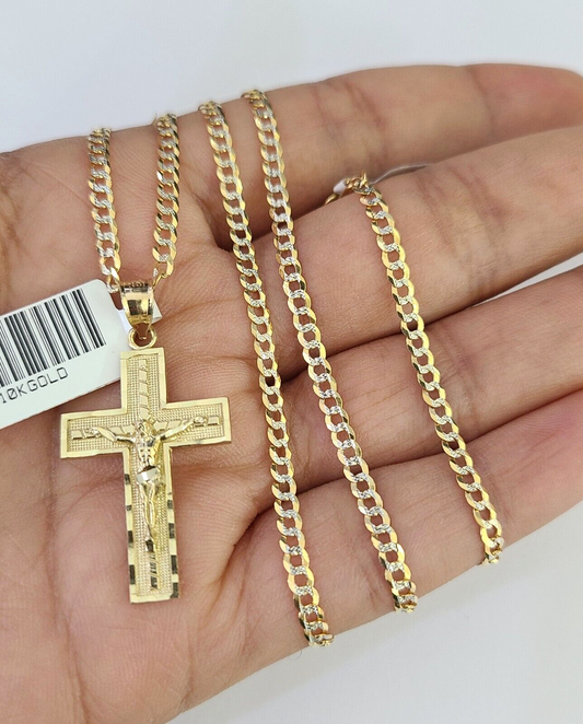 10k Solid Gold Cuban Curb Chain Jesus Cross Pendant 2mm 18"-24" SET Necklace