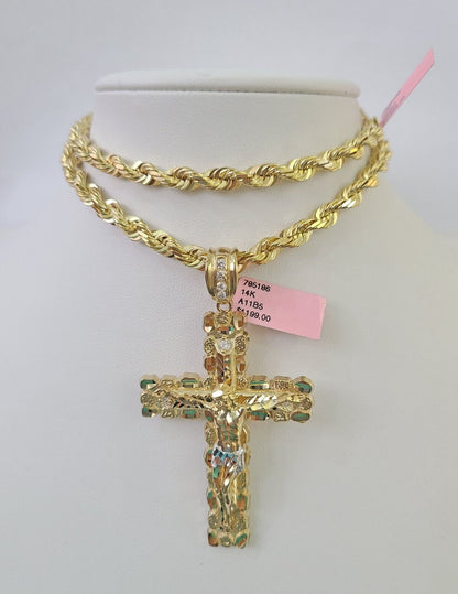 Real 14k Solid Rope Chain Jesus Cross Charm Set 6mm 18"-30" Necklace Gold