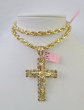 Real 14k Solid Rope Chain Jesus Cross Charm Set 6mm 18"-30" Necklace Gold