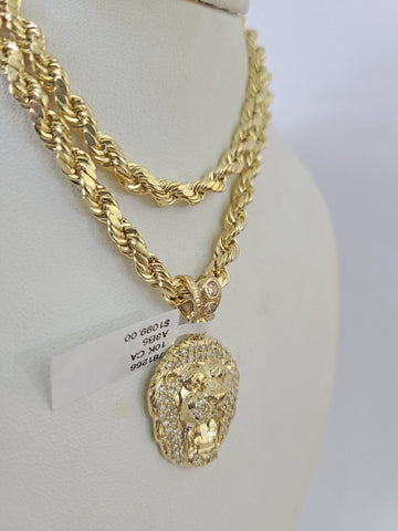 Real 10k Rope Chain RoaringLion Charm Necklace Pendant Set 5mm 20"-30" Inch Gold