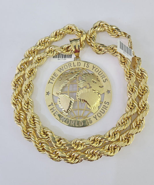 Real 10k Rope Chain World is Yours Charm Set 10mm 20"-30" Inch Necklace Gold