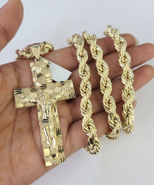 Real 10k Rope Chain Jesus Cross Charm Set 8mm 20"-30" Inch Necklace Yellow Gold