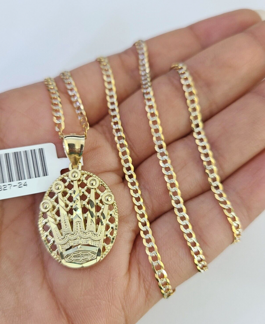 10k Solid Gold Cuban Curb Chain Crown Pendant 2mm 18"-24" SET Necklace