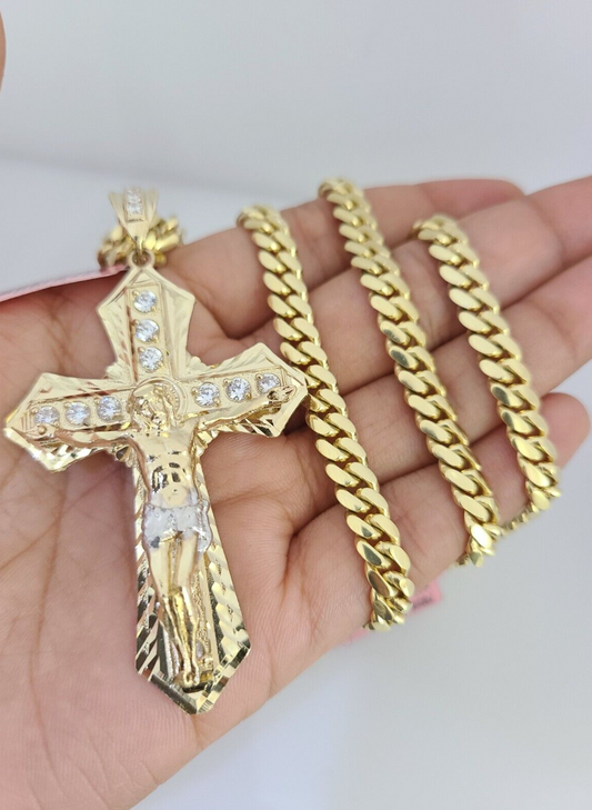 Real 14k Solid Chain Cross Charm Set Miami Cuban Link 6mm Necklace Pendant Gold