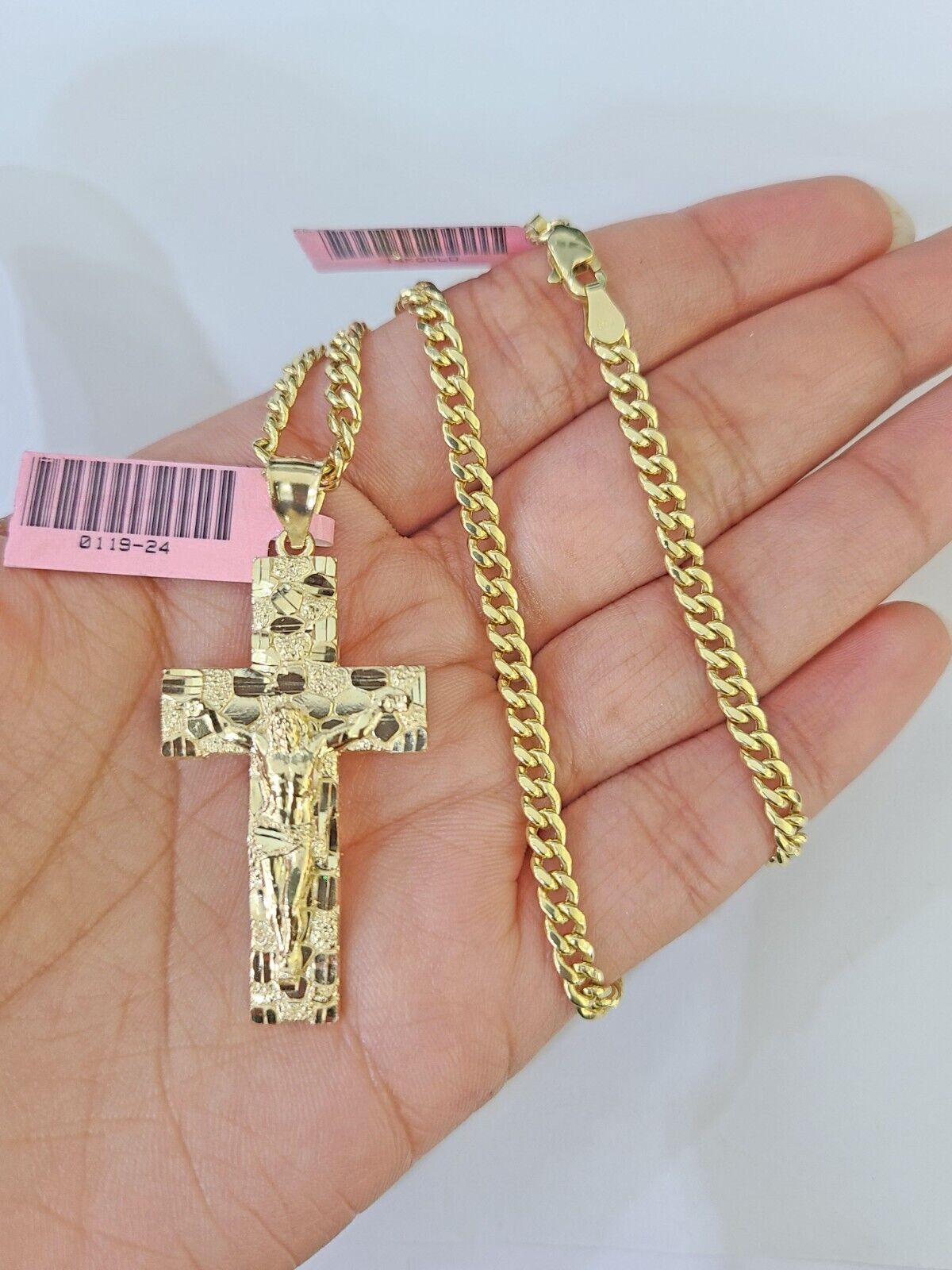 Real 10k Yellow Gold Chain Cross Charm Set Miami Cuban Link 4mm Necklace Pendant