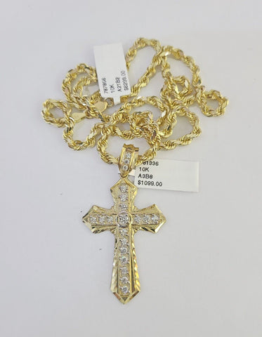 10k Solid Rope Chain Jesus Cross Charm Set 4mm 18"-30" Necklace Gold Pendant