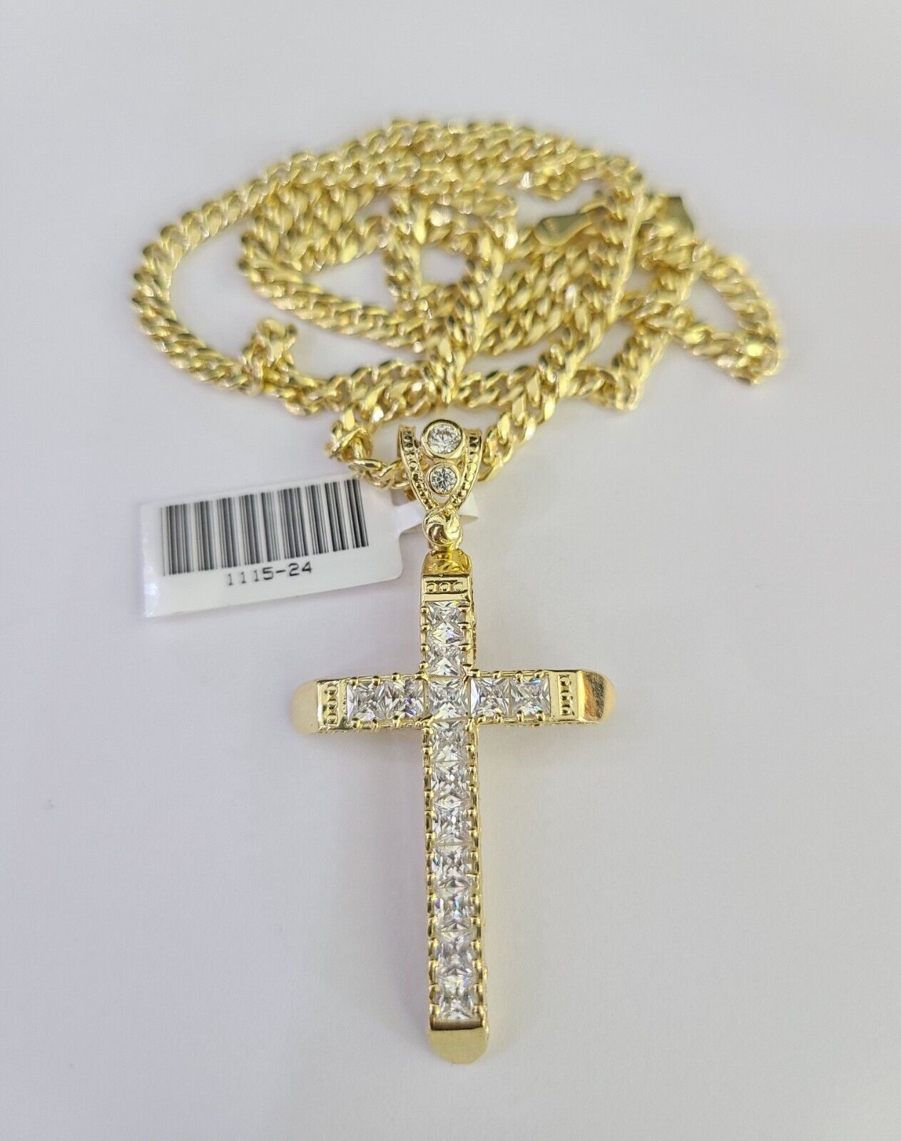 10k Miami Cuban Chain Jesus Cross Charm Set 4mm 18"-28" Necklace Yellow Gold