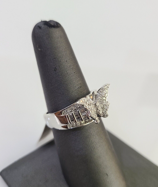 Real 10k Butterfly Diamond Ladies Ring Women Casual 10Kt White Gold