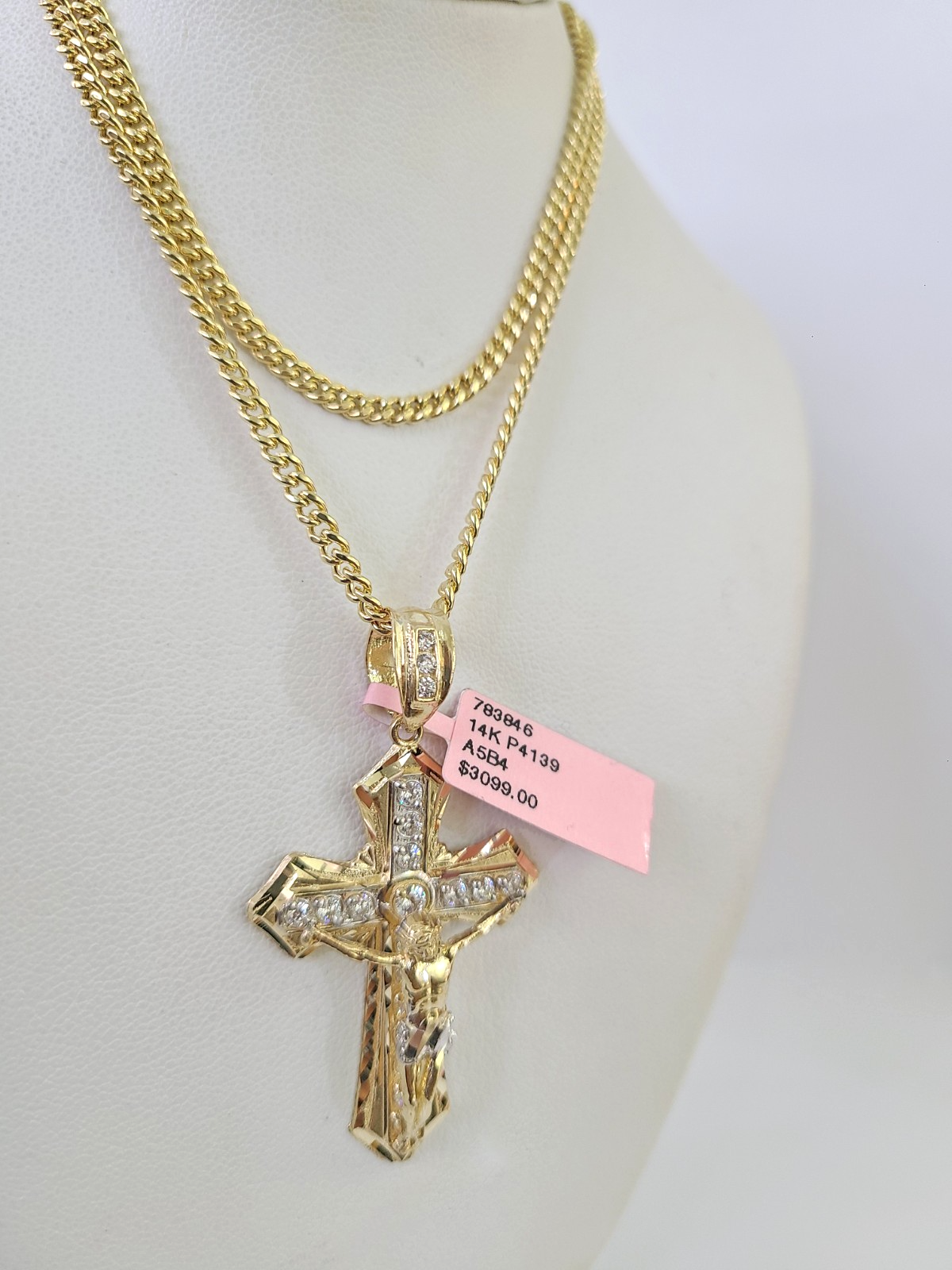 14k Miami Cuban Chain Jesus Cross Charm Pendant 3mm 18"24" inch SET Necklace