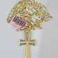 14k Solid Figaro Chain Ankh Jesus Cross Pendant Gold 4mm 18-28 inch SET Necklace