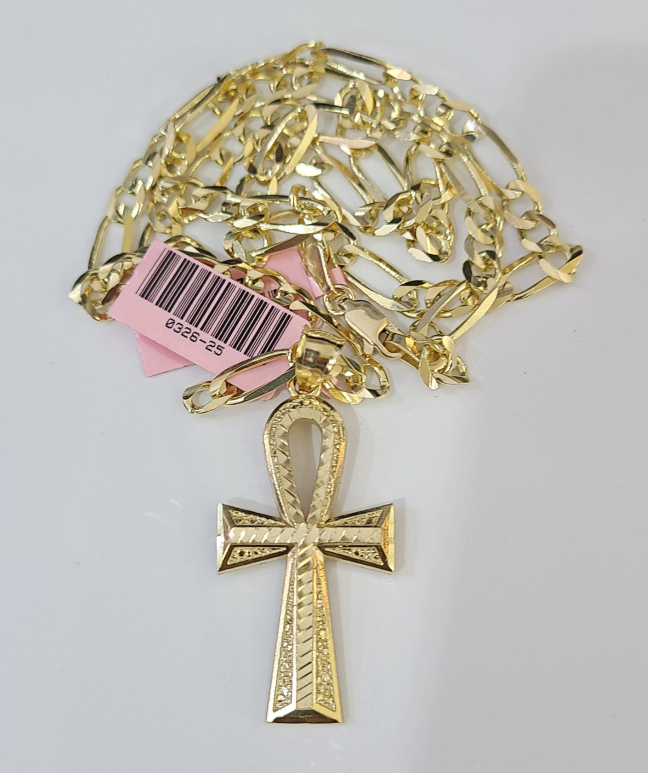 14k Solid Figaro Chain Ankh Jesus Cross Pendant Gold 4mm 18-28 inch SET Necklace