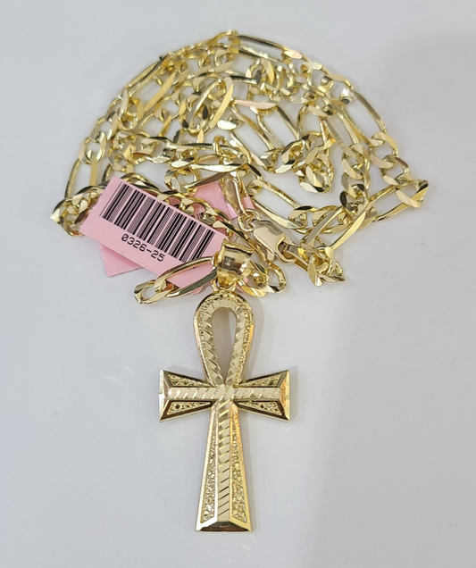 14k Solid Figaro Chain Ankh Jesus Cross Pendant Gold 4mm 18-28 inch SET Necklace