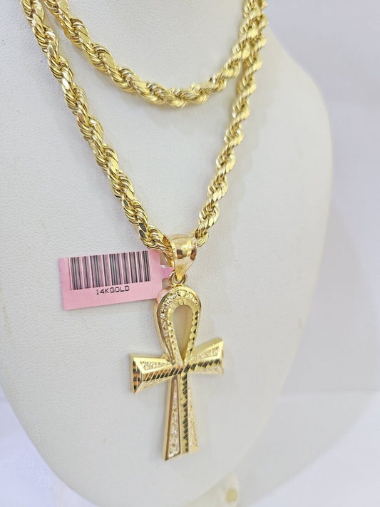 Real 14k Yellow Gold Rope Chain Ankh Cross Charm Set Link 7mm 22Inch Necklace