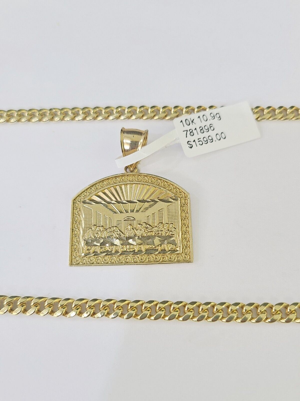 10k Yellow Gold Chain Last Supper Charm Pendant Set 5mm Miami Cuban Necklace