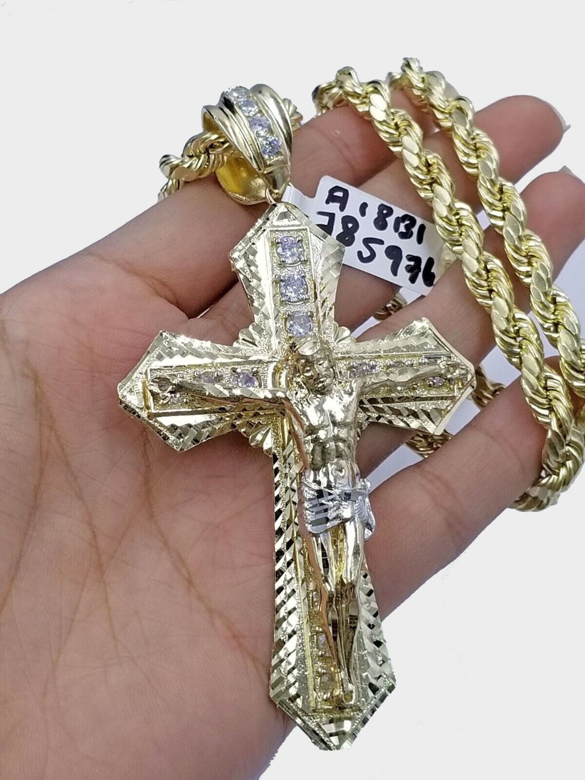 Men 10k Real Yellow Gold Rope Chain 24" Crucifix Cross Charm Diamond cut Set