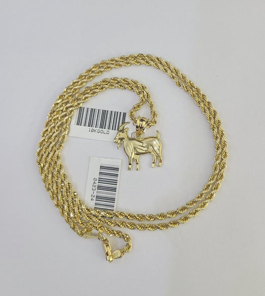 10k 2.5mm Rope Chain GOAT Pendant 18"-30" Yellow Gold Set Charm Necklace