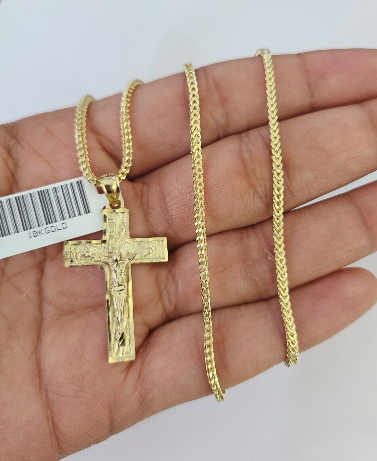 10K Franco Chain Jesus Cross Pendant Charm Necklace 16"-24" 2mm Gold SET Yellow