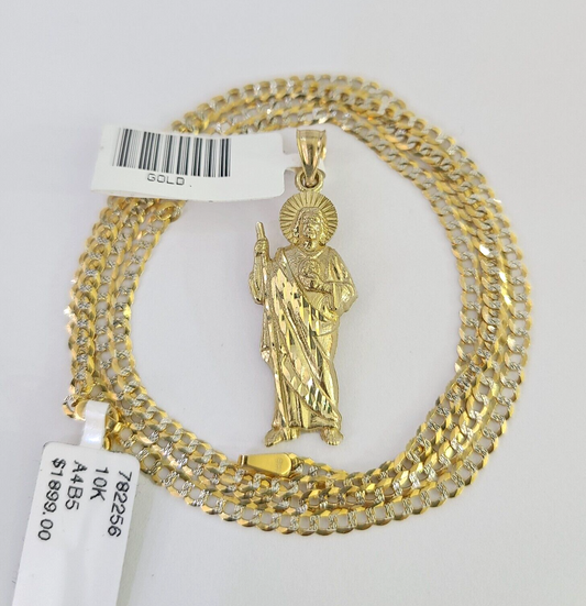 10k Solid Gold Cuban Curb Chain Saint Jude Pendant 2mm 18"-24" SET Necklace