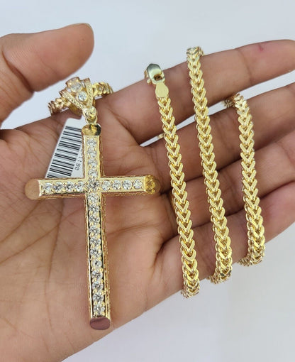 10K Franco Chain Jesus Cross Pendant Charm Necklace 20"-28" 4mm Gold Yellow SET