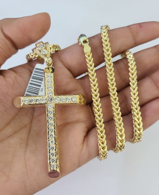 10K Franco Chain Jesus Cross Pendant Charm Necklace 20"-28" 4mm Gold Yellow SET