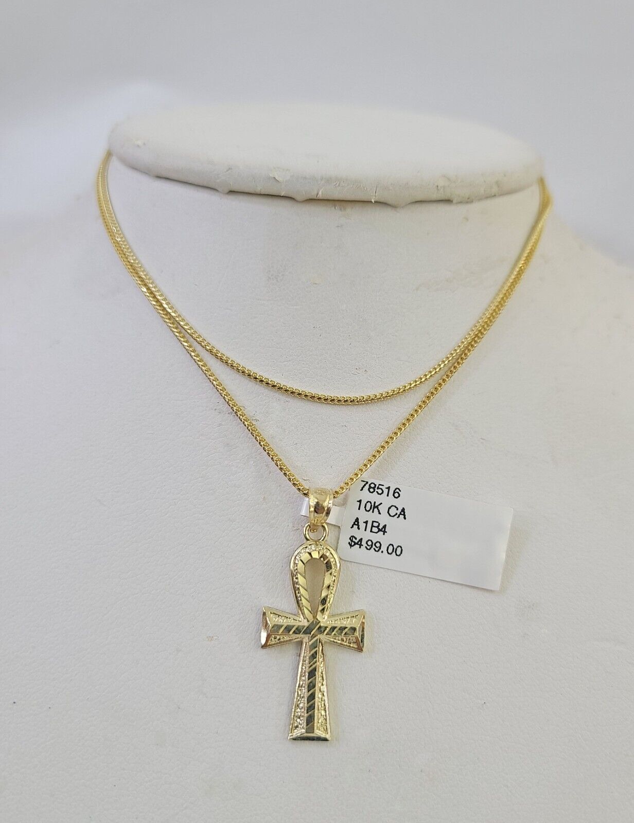 10K Solid Franco Chain Ankh Cross Pendant Charm Necklace 18"-24" 1.5mm Gold