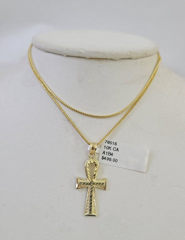 10K Solid Franco Chain Ankh Cross Pendant Charm Necklace 18"-24" 1.5mm Gold