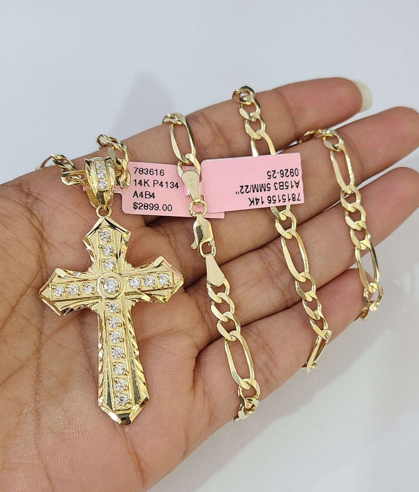 14k Solid Figaro Chain Jesus Cross Pendant Gold 5mm 18-28 inch SET Necklace
