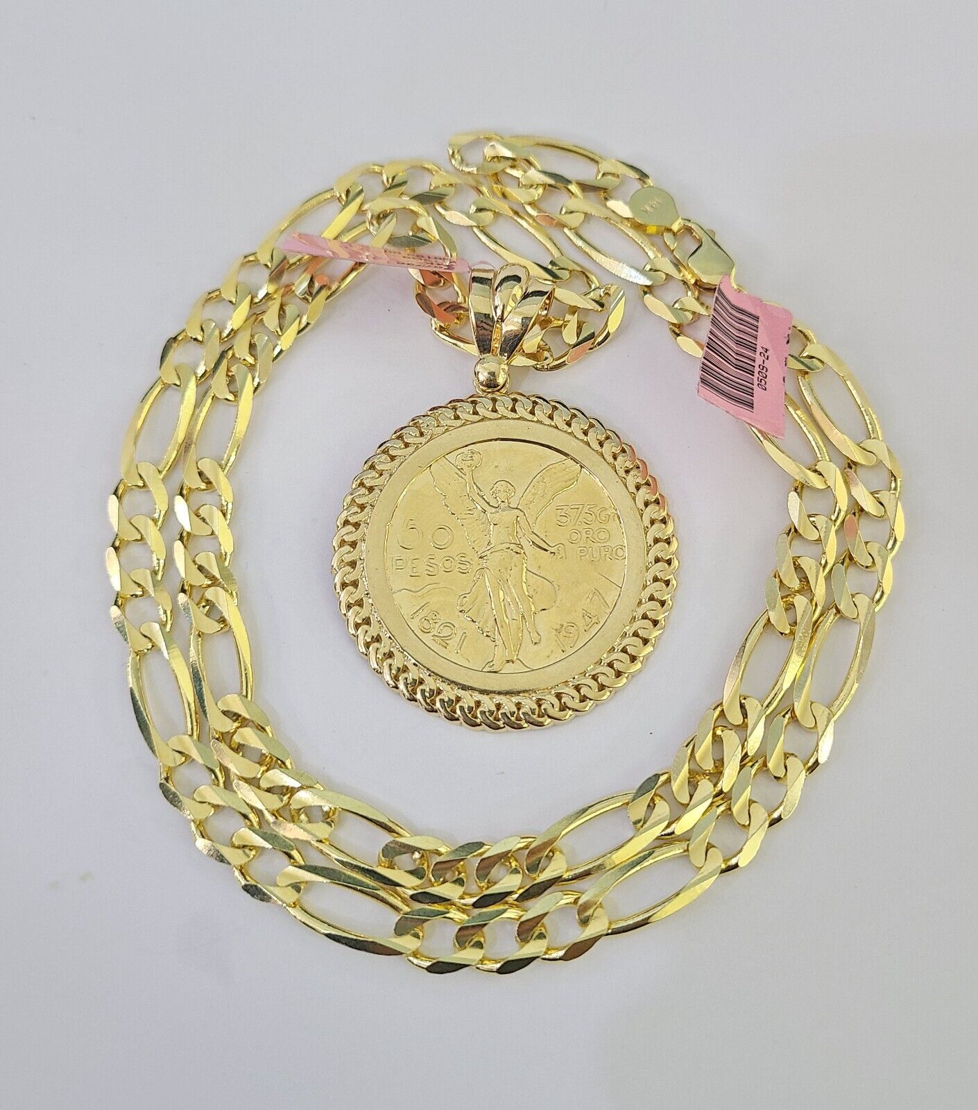 14k Figaro Chain Centenario Bezel Charm Pendant Gold 7mm 20-30 inch SET Necklace