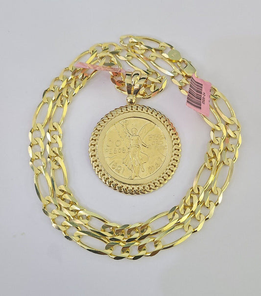 14k Figaro Chain Centenario Bezel Charm Pendant Gold 7mm 20-30 inch SET Necklace