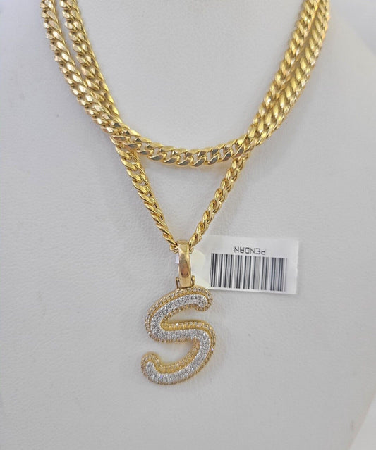 10k Miami Cuban Chain S Diamond Charm Set 4mm 18-26"Yellow Gold Necklace Pendant