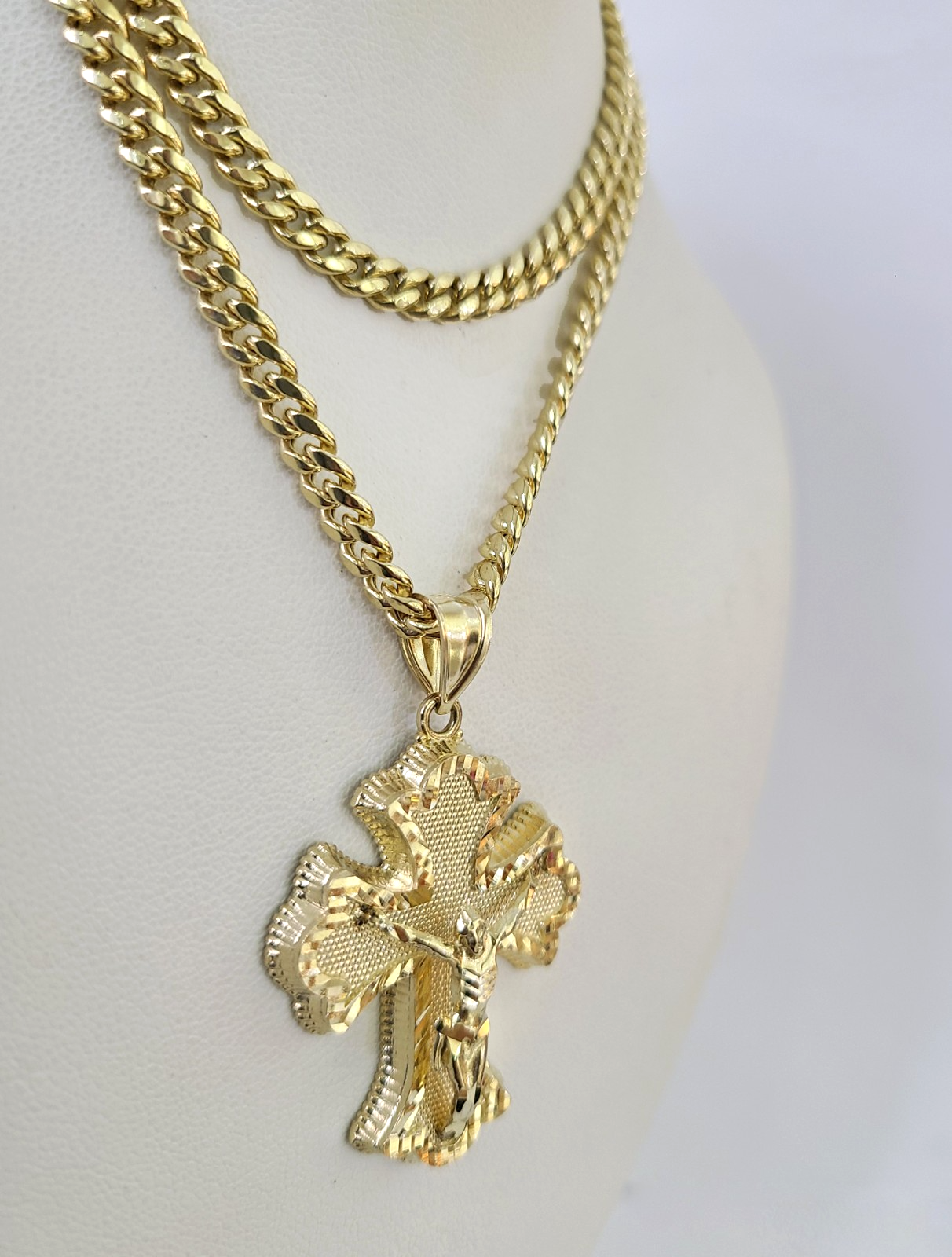 10k Crucifix Cross Charm Miami Cuban Chain Pendant Set 5mm 18"28" Necklace Gold