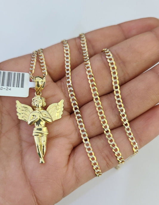 10k Solid Gold Cuban Curb Chain Praying Angel Pendant 2mm 18"-24" SET Necklace