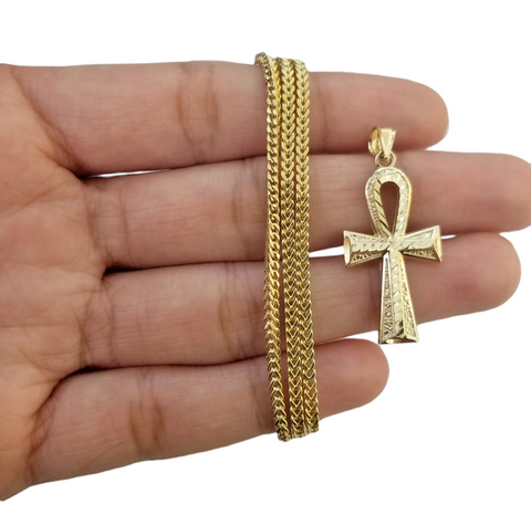 Real 10k Gold Ankh Cross Pendent 2mm Franco Chain 18"-30" Inch