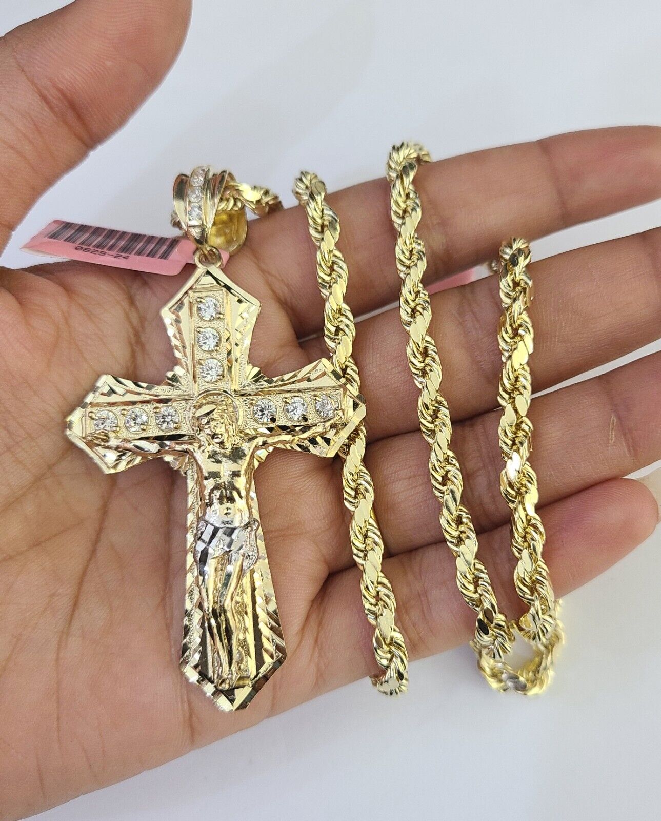 Real 14k Rope Chain Jesus Cross Charm Yellow Gold Set 5mm 20"-30" Necklace