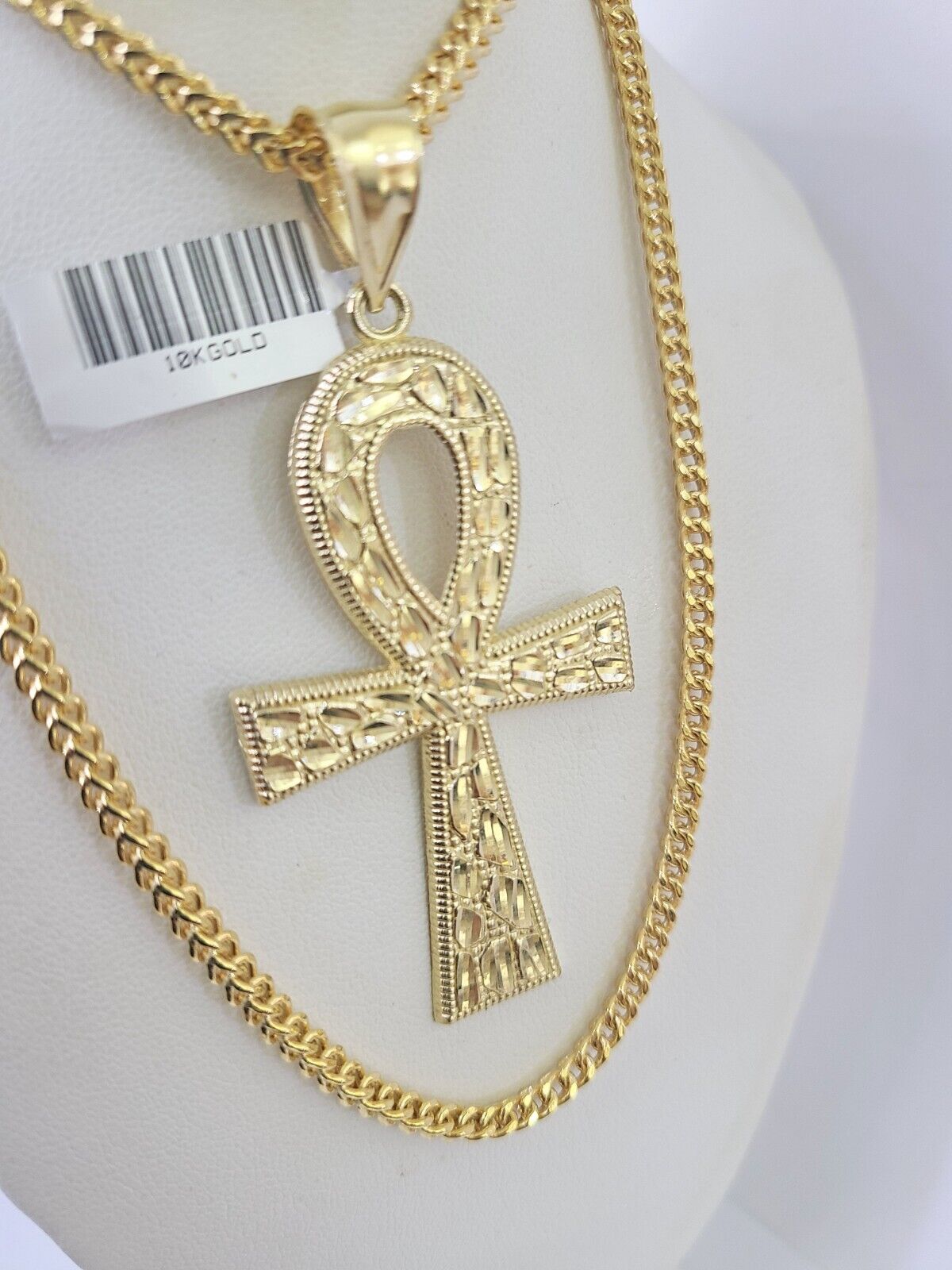 10K Franco Chain Ankh Cross Pendant Charm Necklace 20"-26" 3mm Gold