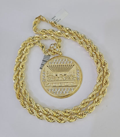 Real 10k Rope Chain Last Supper Charm Set 7mm 20"-28" Inch Necklace Yellow Gold