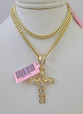 Real 14k Chain Cross Charm Set Miami Cuban Link 4mm Necklace Pendant Yellow Gold