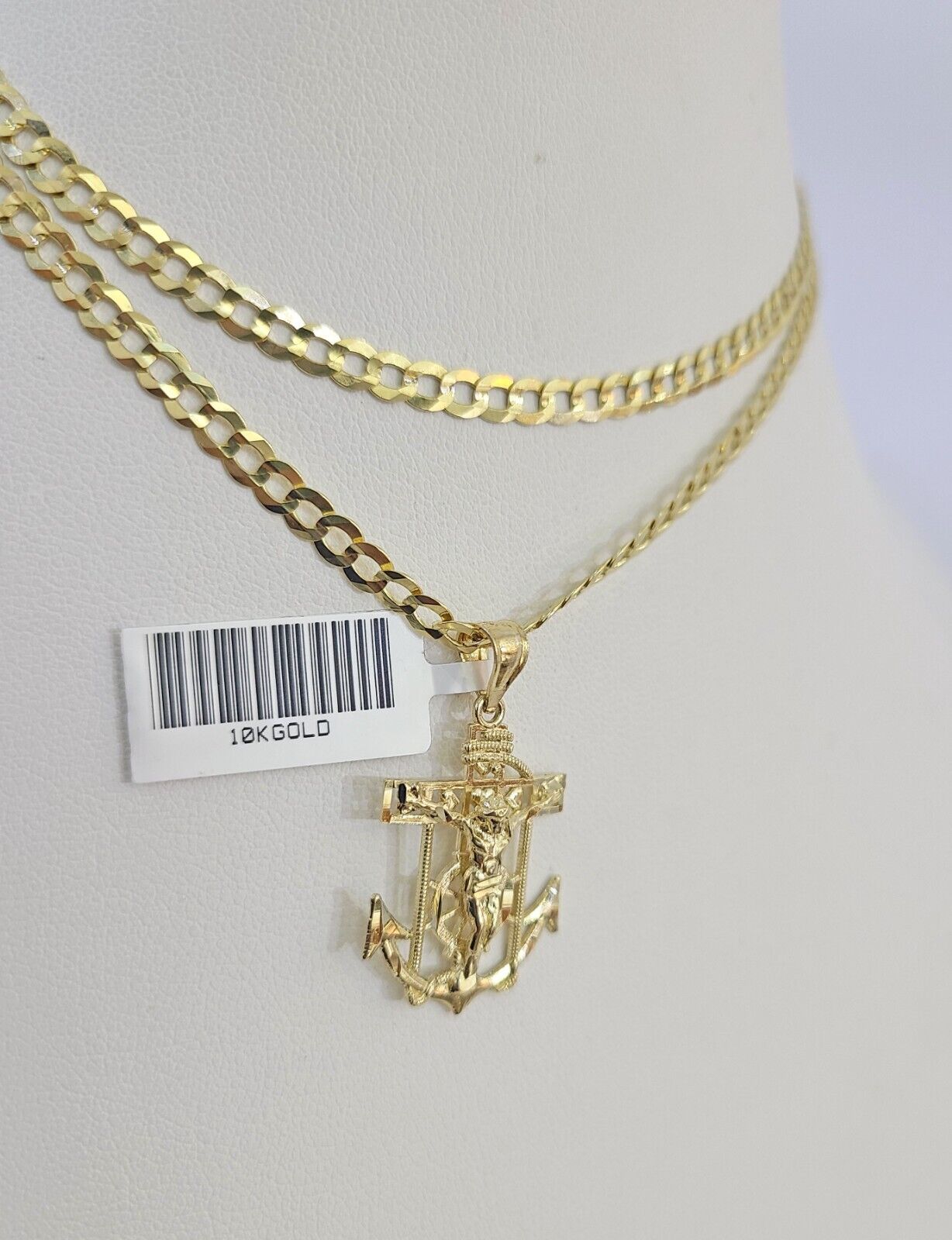 10k Gold Cuban Curb Chain Jesus Anchor Charm Solid 4mm 18"-28" SET Necklace