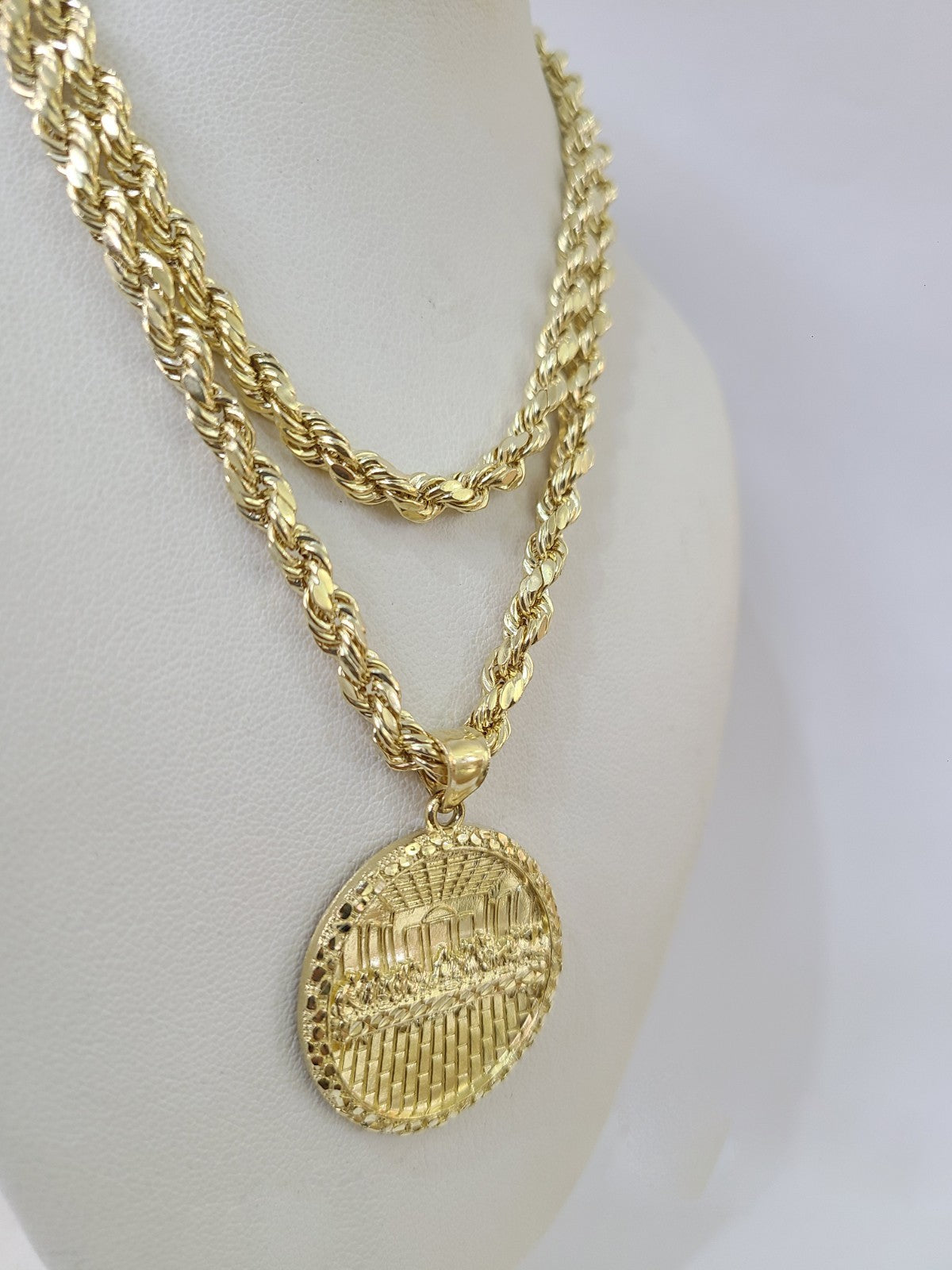 Real 10k Gold Rope Chain Last Supper Nugget Pendant Set 4mm 18"-28"